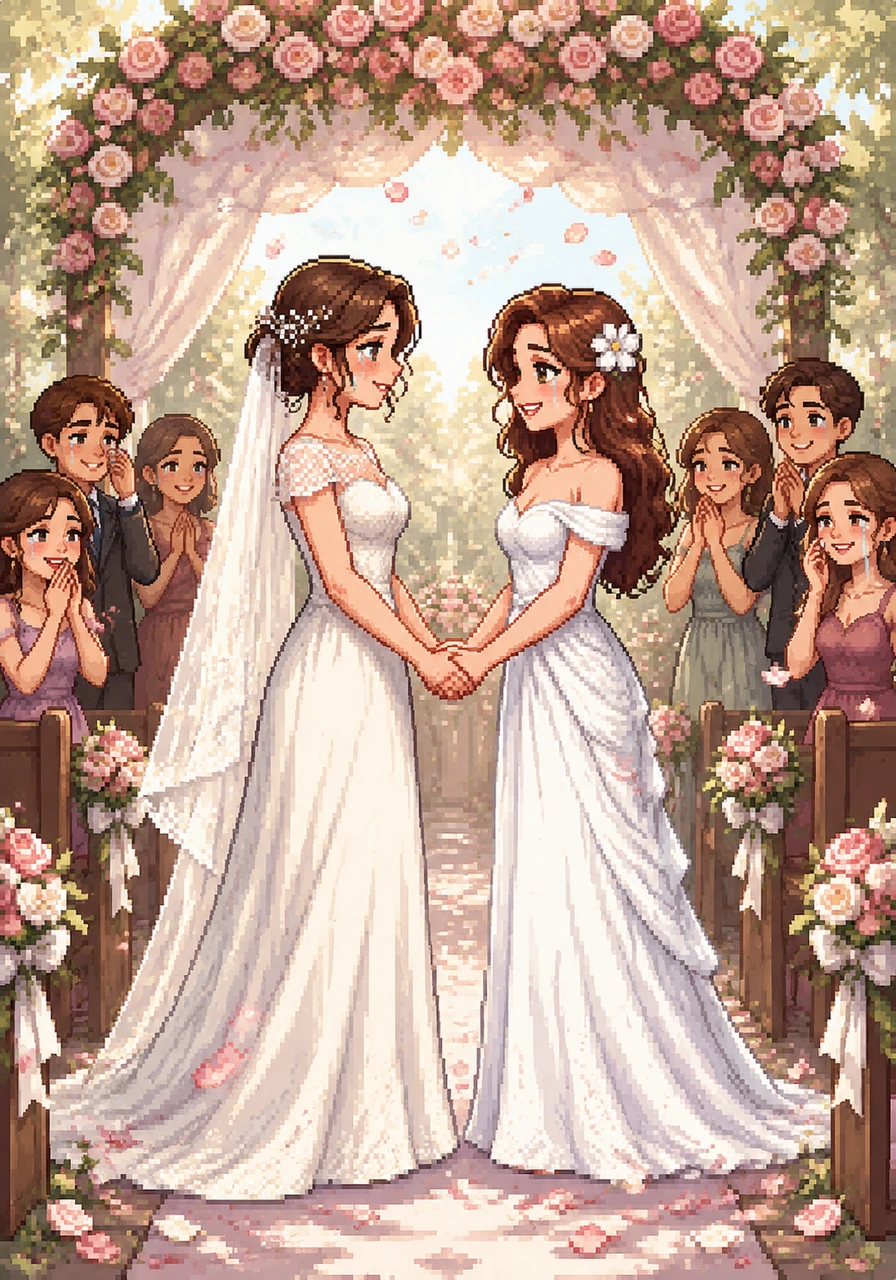 Petals drift through the air like snow as Clara and Elara walk down the aisle together, dressed in flowing white gowns. Their friends and family watch with tearful smiles as the two women join hands under a canopy of roses to exchange their vows.