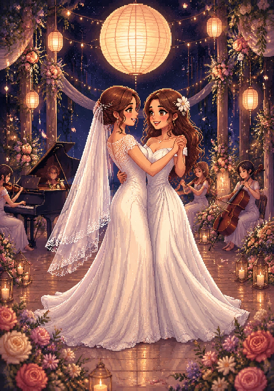 Under the soft glow of a paper lantern moon, the newly married couple shares their first dance as music swells around them. Their hearts beat in perfect rhythm, marking the beginning of a long and beautiful life filled with love, art, and endless flowers.