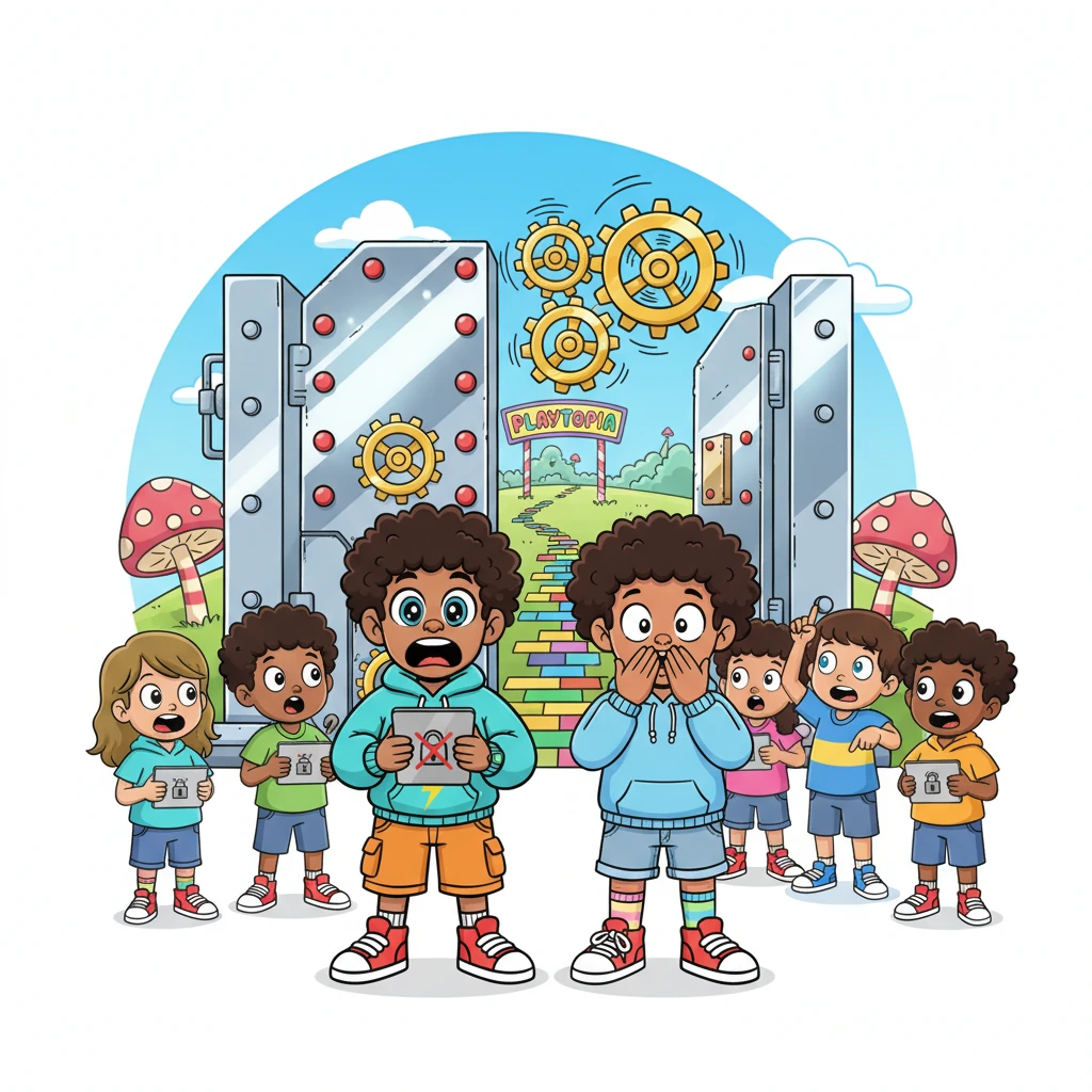 Suddenly, with a great clank and whir, a giant, clunky gate shimmered into existence, blocking the entrance to Playtopia. It was made of gleaming, silver metal with flashing red lights and spinning gears, looking completely out of place in their vibrant, cartoonish world. A collective gasp rippled through the eager crowd.