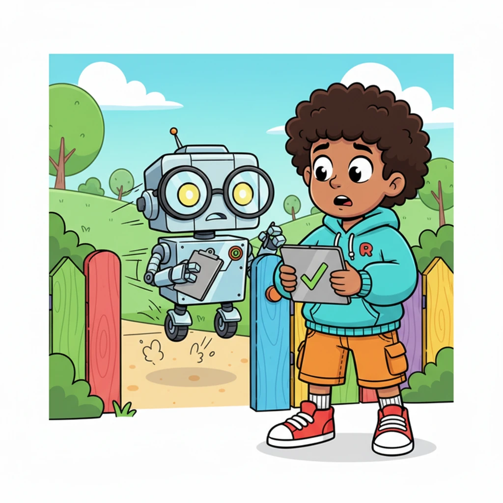 From behind the gate, a shiny, boxy robot with oversized spectacles and a tiny clipboard zipped forward. This was Reggie the Rule-Bot 3000, and with a metallic voice, he declared, "HALT! All players must prove their optimal Play-Readiness before entry!"