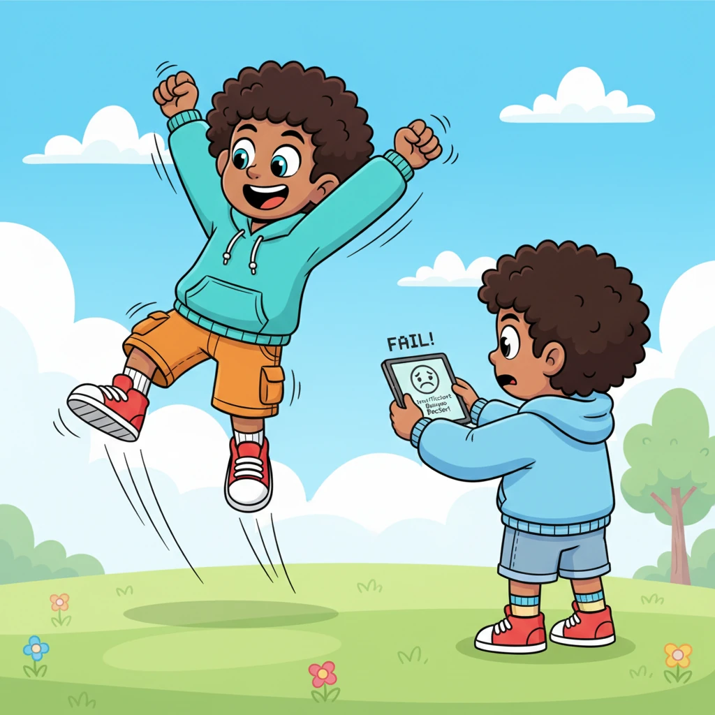 Pip, never one to back down from a challenge, puffed out his chest. He performed an incredible, super-springy jump, a perfect somersault with a joyful landing! Reggie aimed his scanner, but a sad, frowning face appeared on its screen, blinking "FAIL! Insufficient Bounce Factor!"