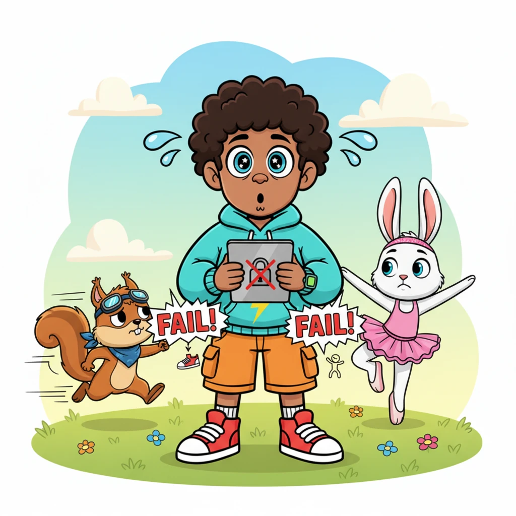 One by one, Pip's friends stepped up, trying their best to pass Reggie's mysterious tests. A speedy squirrel friend tried a lightning-fast dash, and a graceful bunny friend attempted a perfect pirouette. Yet, Reggie's scanner flashed "FAIL!" every time, citing ridiculous reasons, leaving everyone feeling deflated.