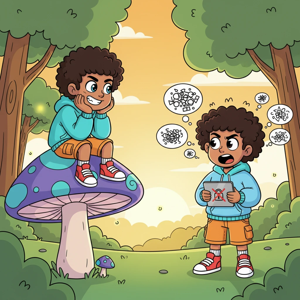 Pip sat on a colorful mushroom, watching Reggie's endless, nonsensical demands. A thought sparked in his mind: true "Play-Readiness" wasn't about silly rules or blinking screens, but about the joy in his heart and the fun he shared with friends. A determined, mischievous grin spread across his face.