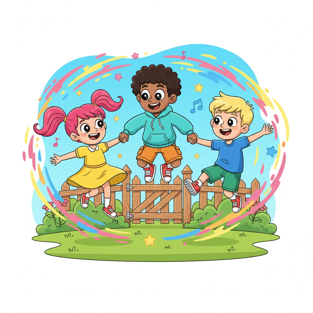 With a shout, Pip grabbed his friends' hands, and they began to play *around* the gate! They invented new games, chased each other, and showed off their amazing jumps and twirls, their laughter echoing loudly. Their pure, uncontainable joy created a vibrant, swirling energy field of happiness.