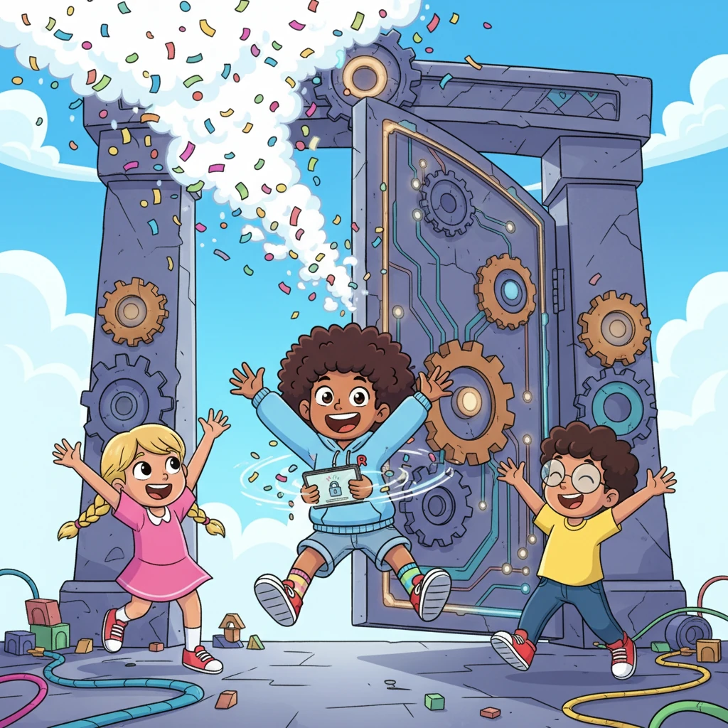 The sheer force of their joyful play caused Reggie's scanner to spin wildly, then erupt in a puff of harmless, colorful confetti! The giant gate's lights flickered, and with a slow, creaky groan, it swung wide open, inviting everyone in. Pip and his friends cheered, ready for the best play day ever!