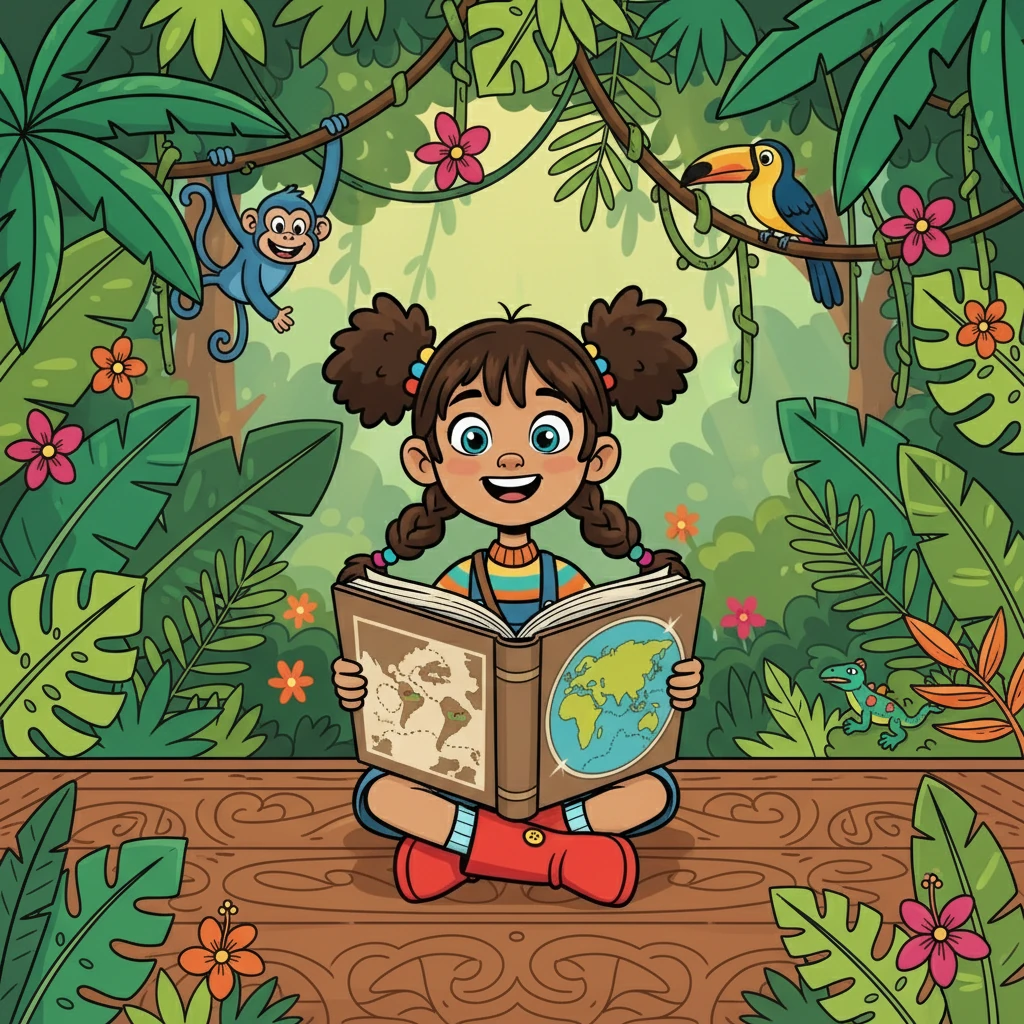 Anya, a curious girl with bright eyes, loved to explore. One day, she opened a special book and began a journey to discover amazing homes around the world. The first page showed a lush green jungle, teeming with life.