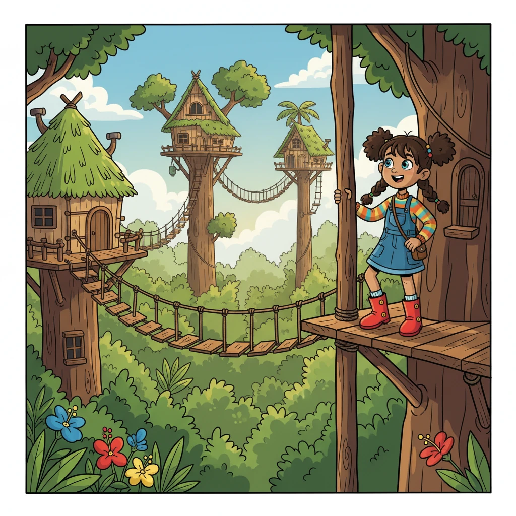 High above the jungle floor, Anya saw the homes of the Korowai people! Wooden houses perched in the treetops, connected by rope bridges. She imagined climbing the tall wooden poles to reach them.