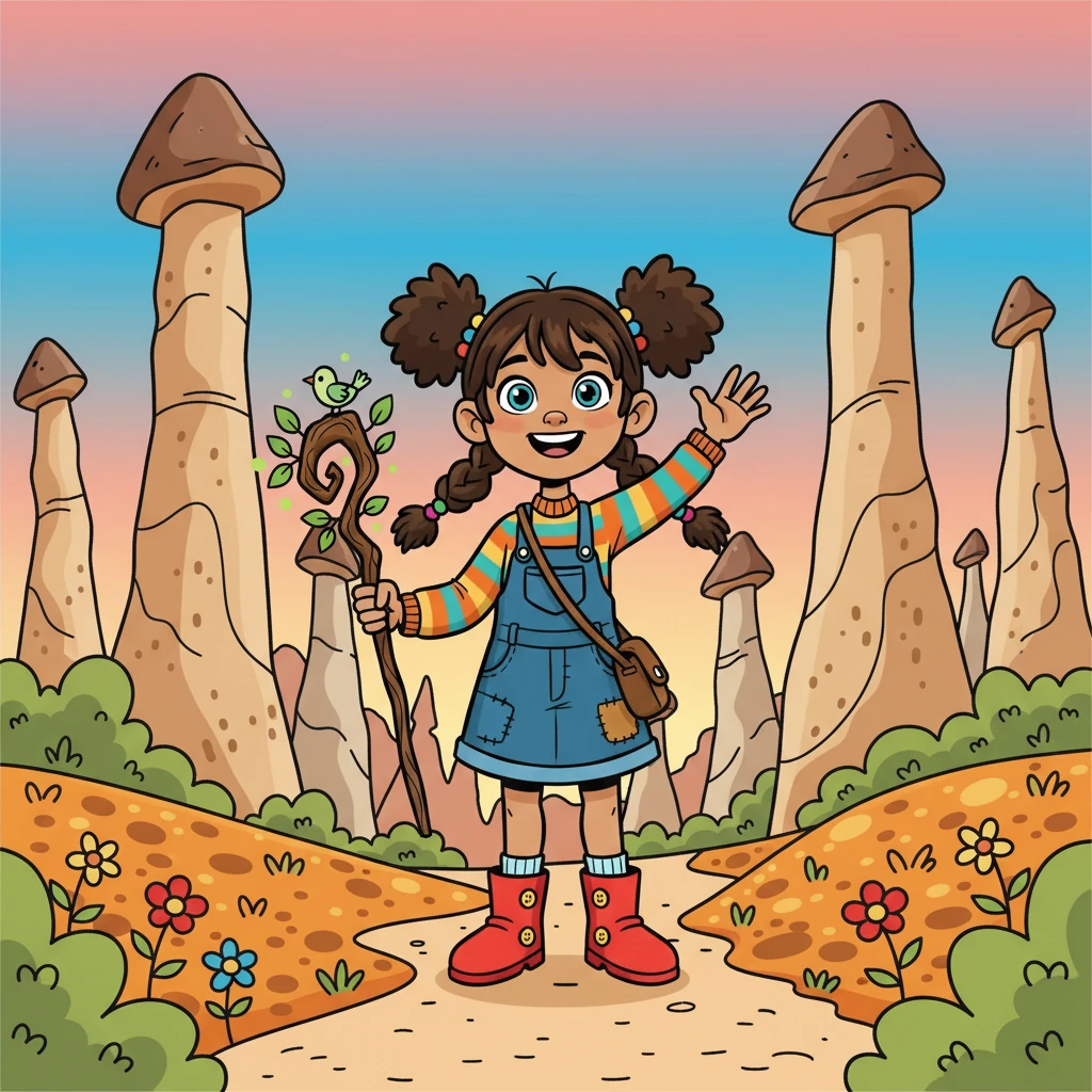 Next, Anya turned the page and found herself in a land of strange rock formations. These were the fairy chimneys of Göreme, in Cappadocia, Turkey. The landscape looked like something from another planet.