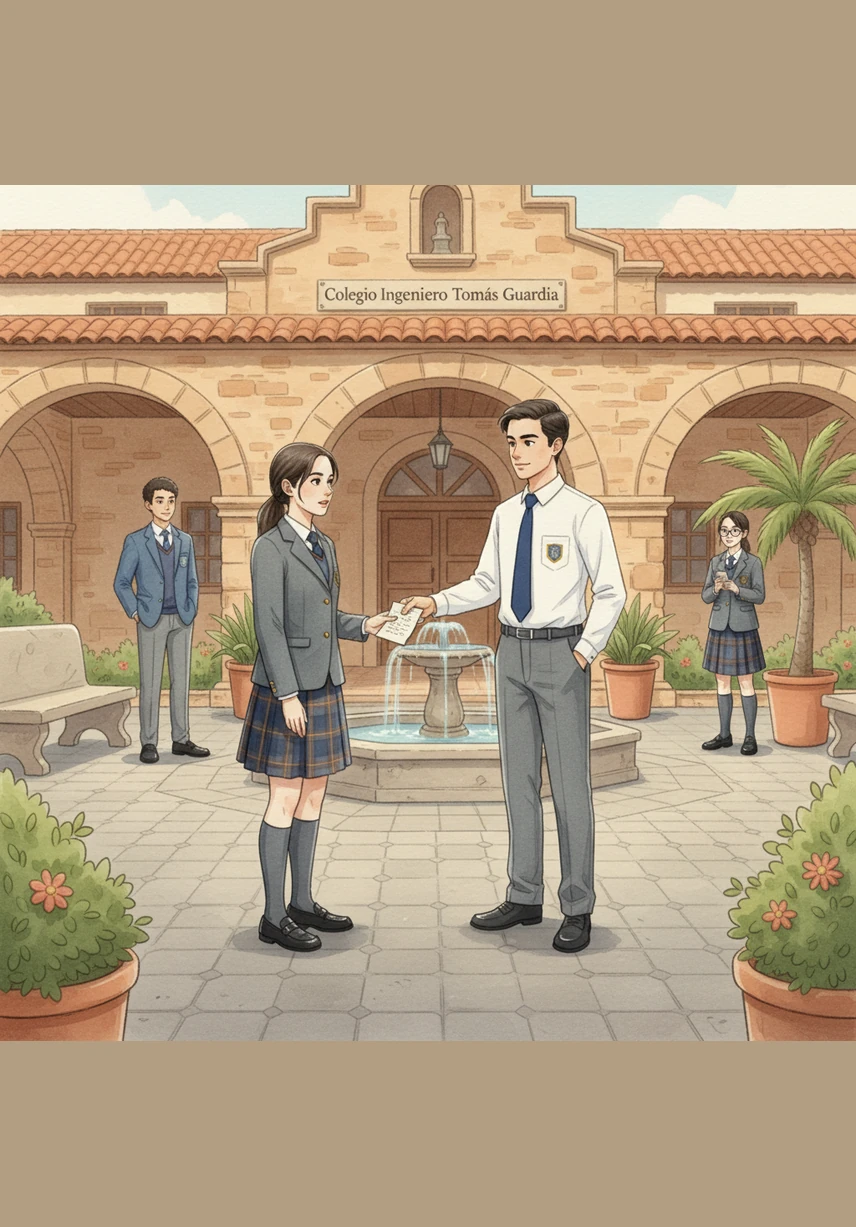 Mateo stands in the central courtyard of Colegio Ingeniero Tomás Guardia, looking at a stack of old, broken electronics gathering dust in the corner. He realizes that these forgotten devices are not just trash, but a responsibility that his school must address to protect the environment.