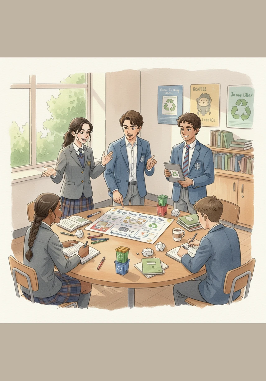 During the planning phase, Mateo organizes his friends into groups to create a powerful promotional video for the school. They sit together with notebooks and tablets, scripting a message that will inspire every student to join their recycling mission.