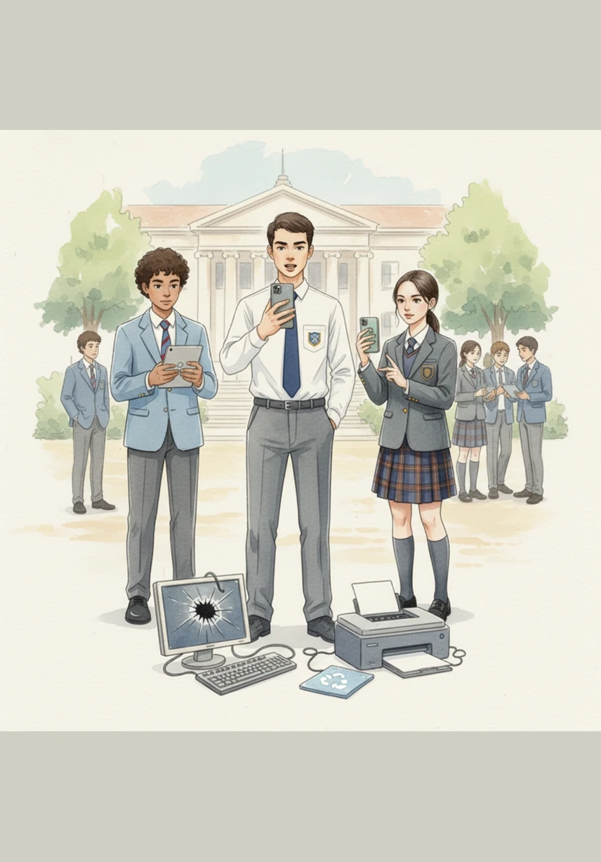 The students become filmmakers for a day, using their own mobile devices to record scenes around the campus. Mateo speaks confidently to the camera, explaining why it is vital to recycle screens, keyboards, and printers instead of throwing them in the regular trash.