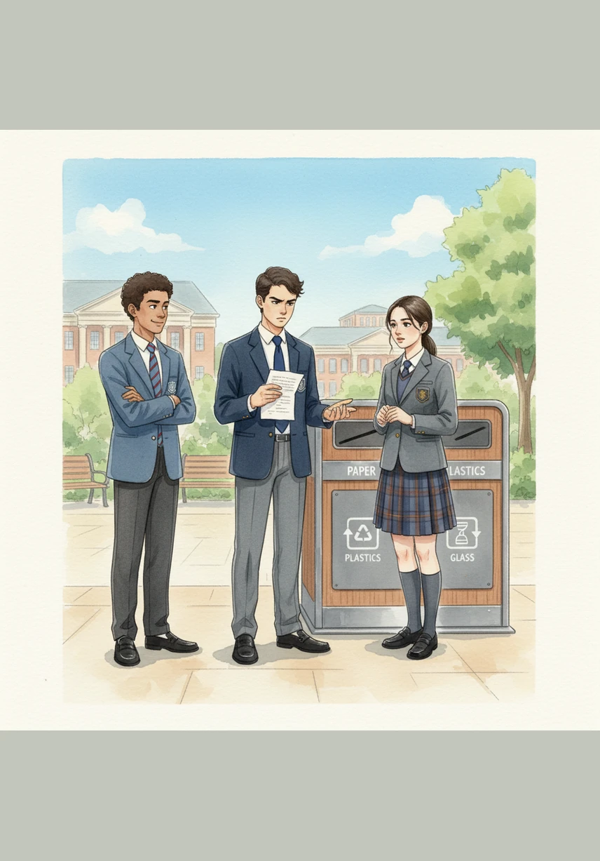 The execution phase kicks off with a massive collection day where students arrive in their neat school uniforms carrying boxes of old tech. Mateo greets his classmates as they bring in tangled mice, cracked mobile phones, and heavy computer towers to the designated recycling zone.