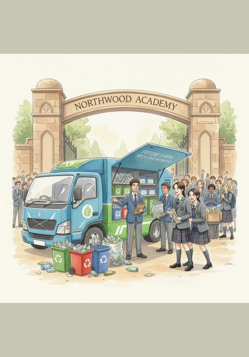 The implementation phase arrives when a large truck from a specialized recycling company pulls up to the school gates. Mateo and his team work together to carefully load the sorted devices, feeling proud as they see the mountain of e-waste ready to be processed safely.