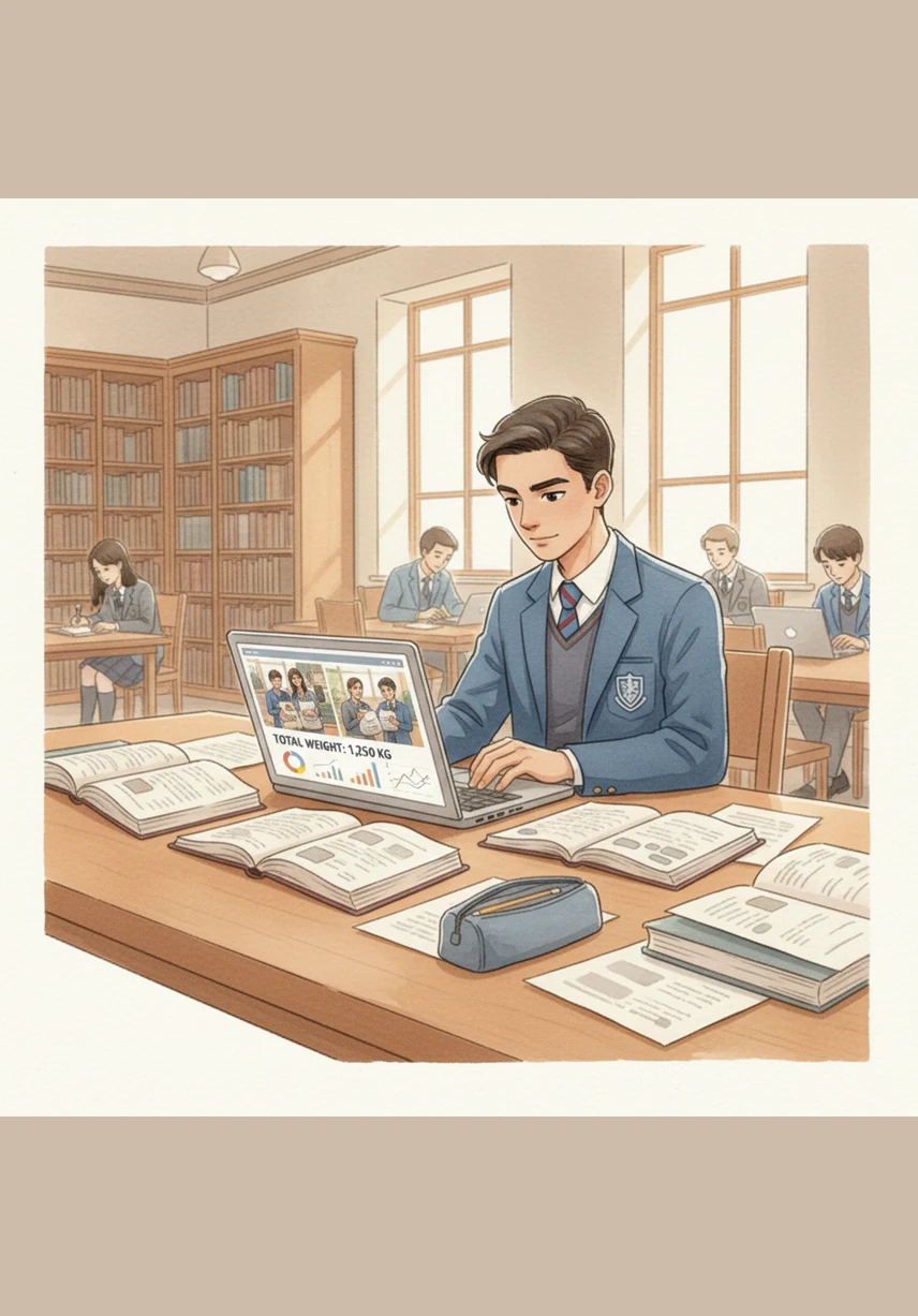 The closure phase begins as Mateo sits in the library to compile a detailed final report of their project. He includes photographs of the collection day and data on the total weight of the technological resources they saved from the landfill.