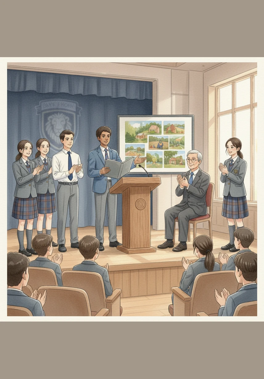 Mateo presents the final report and a gallery of evidence to the school principal and his fellow students. The project is a resounding success, proving that the students of Colegio Ingeniero Tomás Guardia are true guardians of the planet's future.