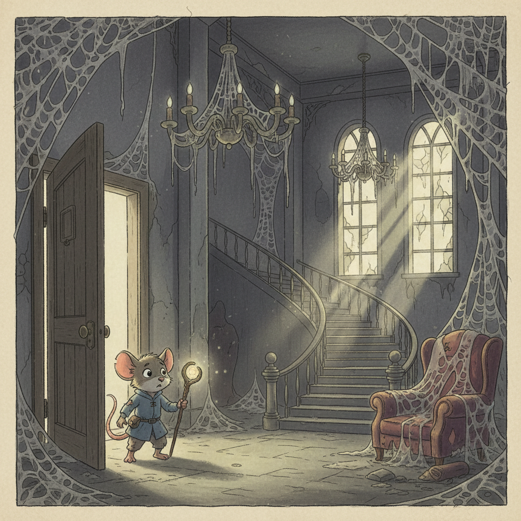 La porte grinça en s'ouvrant, révélant un hall d'entrée plongé dans l'obscurité. Des toiles d'araignées pendaient des lustres poussiéreux, et l'air était lourd d'une odeur de poussière et de mort.