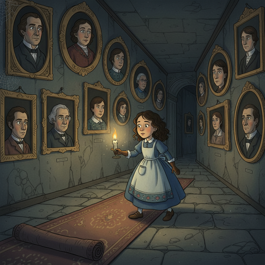 Élise s'avança avec prudence, une bougie vacillante éclairant son chemin. Des portraits anciens ornaient les murs, leurs yeux semblant la suivre à chaque pas.