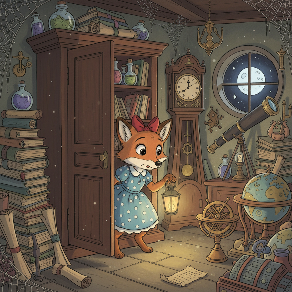 Élise, malgré la peur, continua d'explorer. Elle découvrit une pièce secrète derrière une bibliothèque, remplie d'objets anciens et étranges.