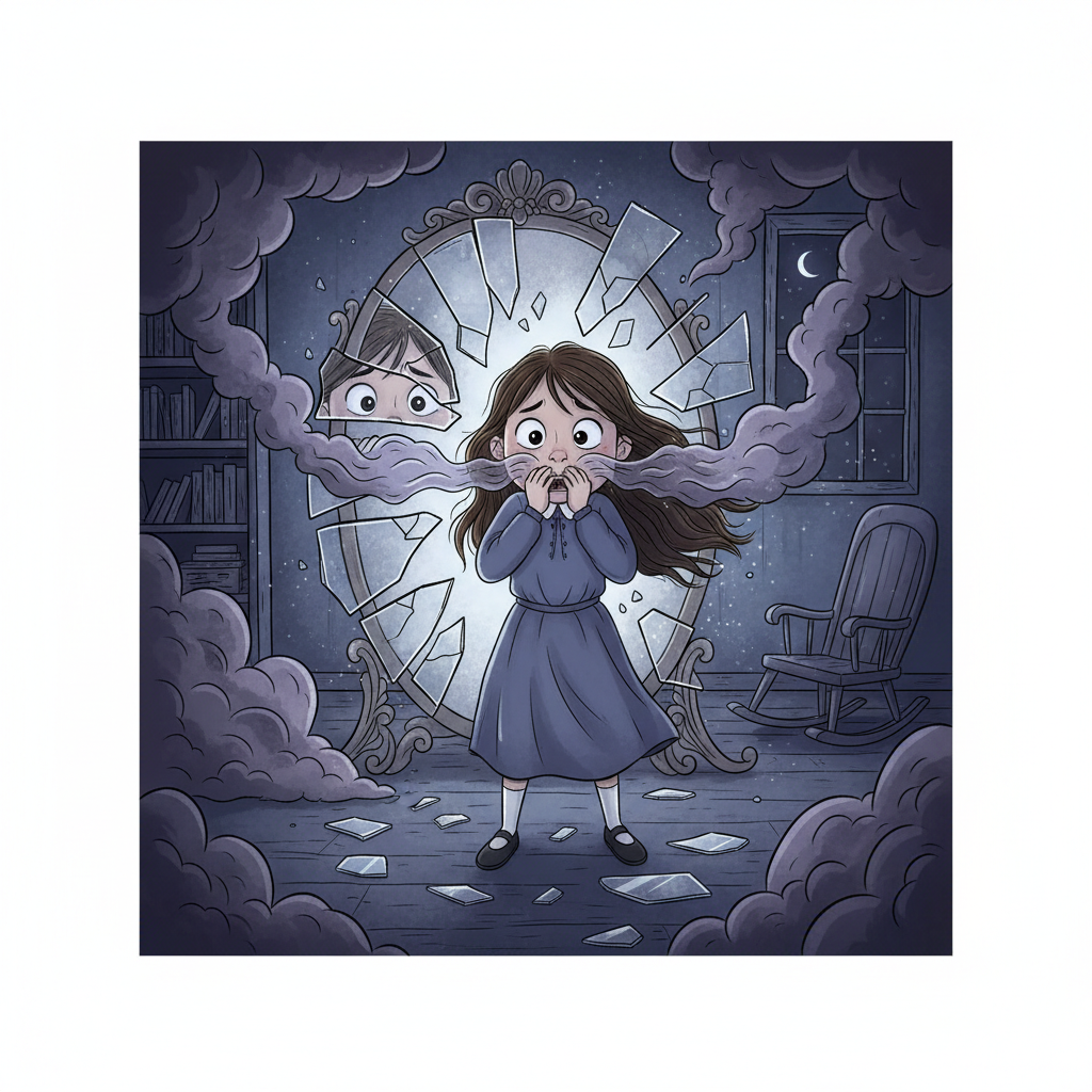 Un miroir brisé reflétait une image déformée d'Élise, et une voix chuchota son nom. L'atmosphère devint irrespirable.