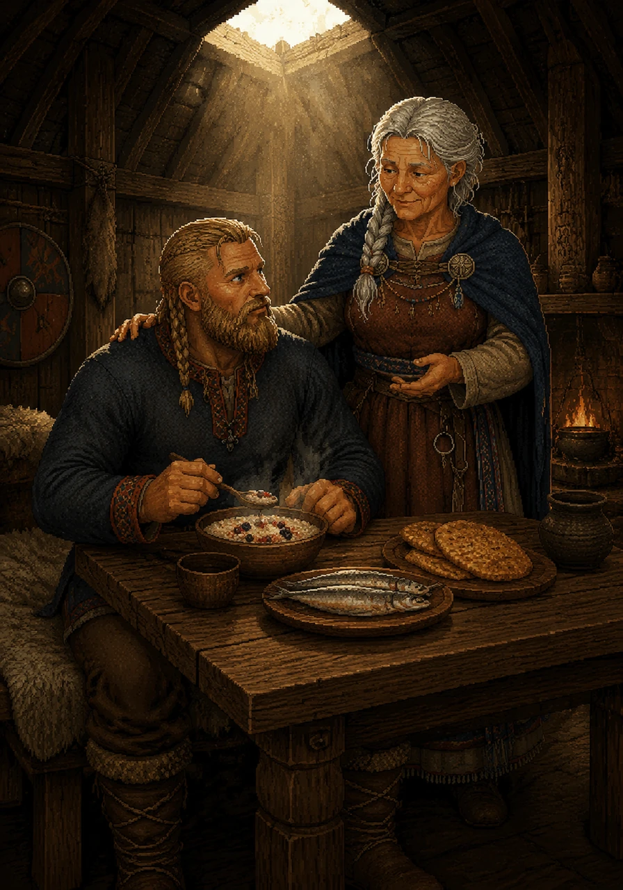 Alrik wakes up on his wooden bench wrapped in warm furs as the morning sun filters through the smoke hole of the longhouse. He sits at the heavy oak table to eat a hearty breakfast of barley porridge sweetened with wild berries, smoked herring, and flatbread, which his mother explains will give him the strength needed for a long day of work.