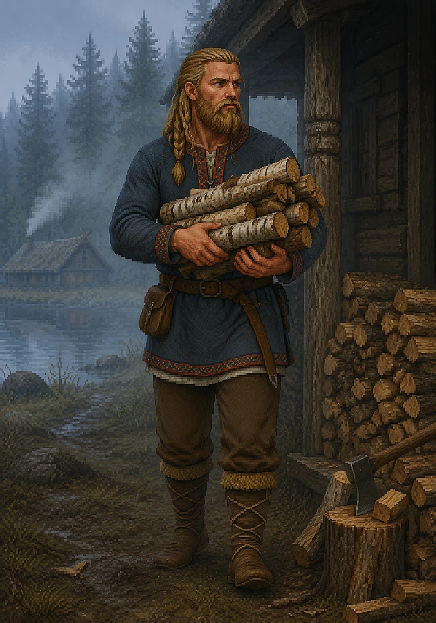 After breakfast, Alrik steps outside into the cool, misty air to begin his morning chores. He walks over to the woodpile, carefully gathering heavy split logs of birch and pine into his arms to keep the central longhouse hearth burning through the day.