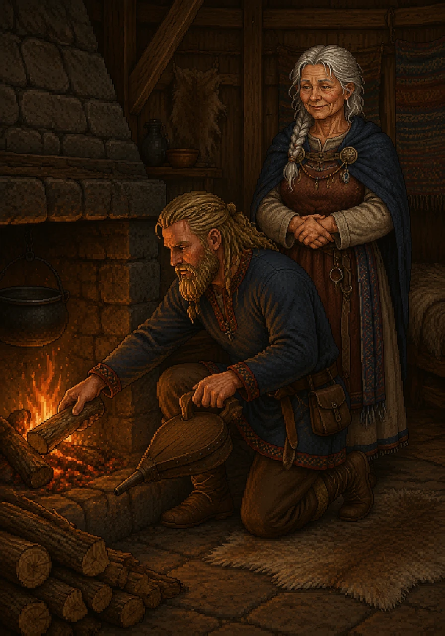 Inside the dimly lit longhouse, Alrik kneels by the stone hearth, carefully arranging the fresh wood and using a small bellows to coax the glowing embers into a bright, steady flame. His mother watches warmly as he masterfully maintains the vital heat of their home.