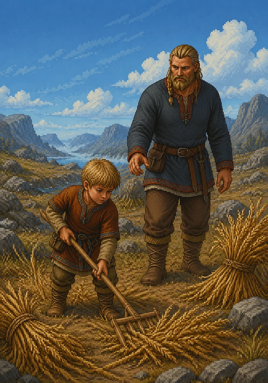 Later in the morning, Alrik joins his father out in the rocky fields under a wide northern sky. Armed with a small wooden rake, the young boy diligently helps gather the harvested rye and barley into neat bundles, learning the traditional farming ways of his tribe.