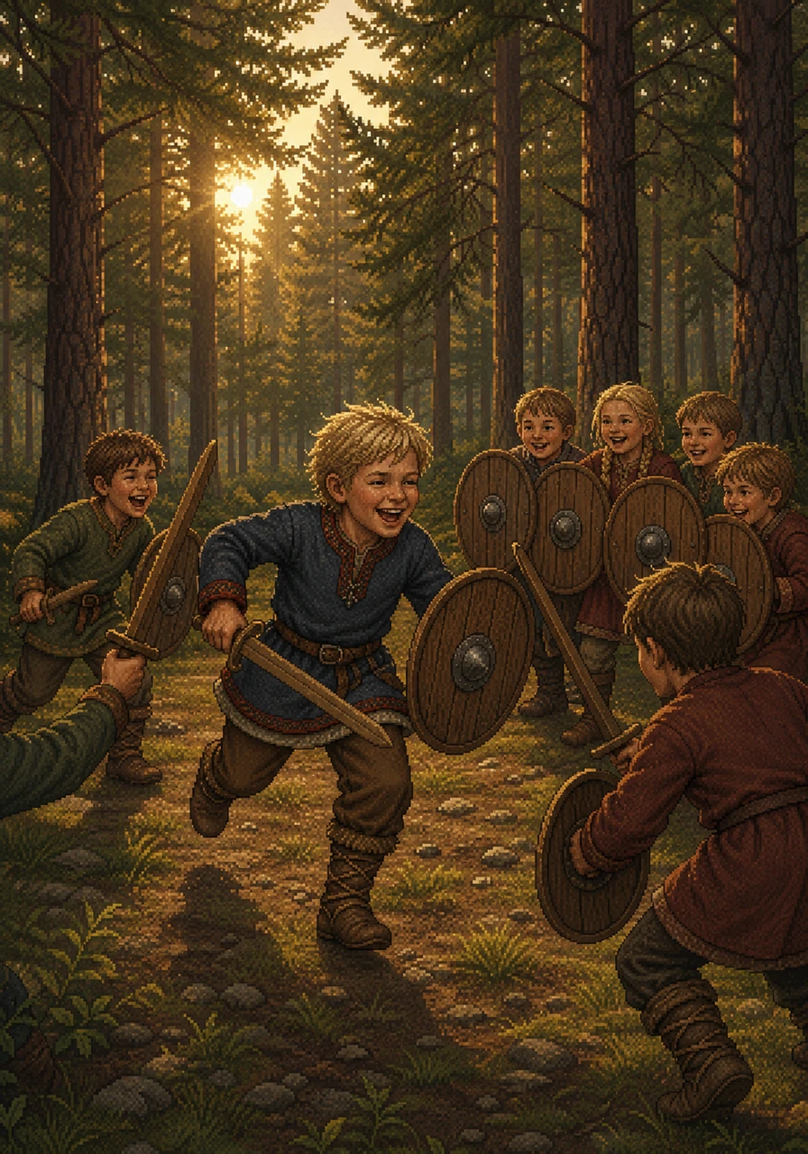 In the afternoon, Alrik is given a moment of free time near the edge of the dense pine forest. He plays joyfully with his friends, using carved wooden swords to practice mock battles and shield-wall formations, pretending to be the great warriors of their ancestors.