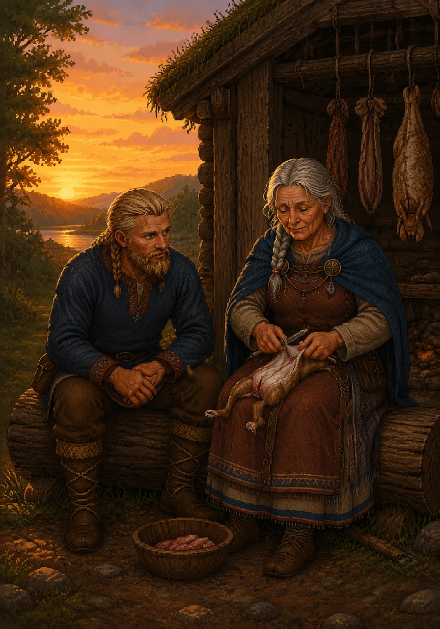 As the sun begins to dip below the horizon, Alrik sits beside a village elder on a smooth log near the smokehouse. The old craftsman carefully shows Alrik how to skin a freshly caught rabbit and prepare the meat for preservation, teaching him essential survival skills.