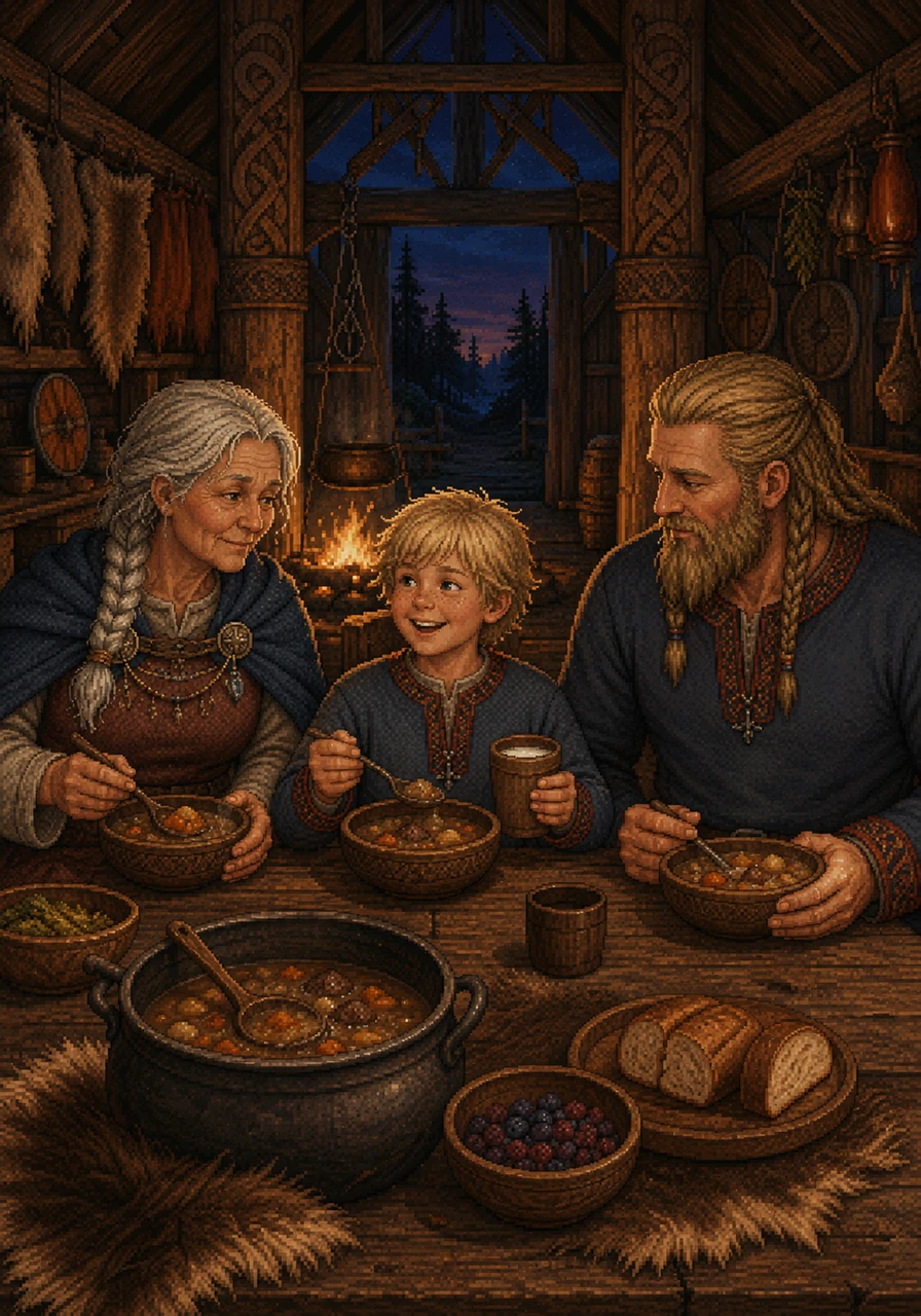 As twilight deepens, the family gathers back inside the glowing longhouse for a comforting dinner. Alrik happily eats a steaming stew of roasted elk meat and root vegetables from a carved wooden bowl, washing it down with sweet, fresh milk.
