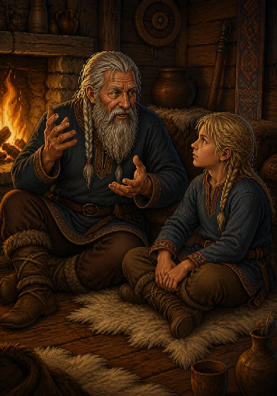 Wrapped in his thick wool tunic, Alrik settles down onto the furs near the roaring fire alongside his grandfather. The old man, with a long silver beard and deeply lined face, leans forward with expressive hand gestures to recite the ancient, rhythmic poetry of Beowulf.
