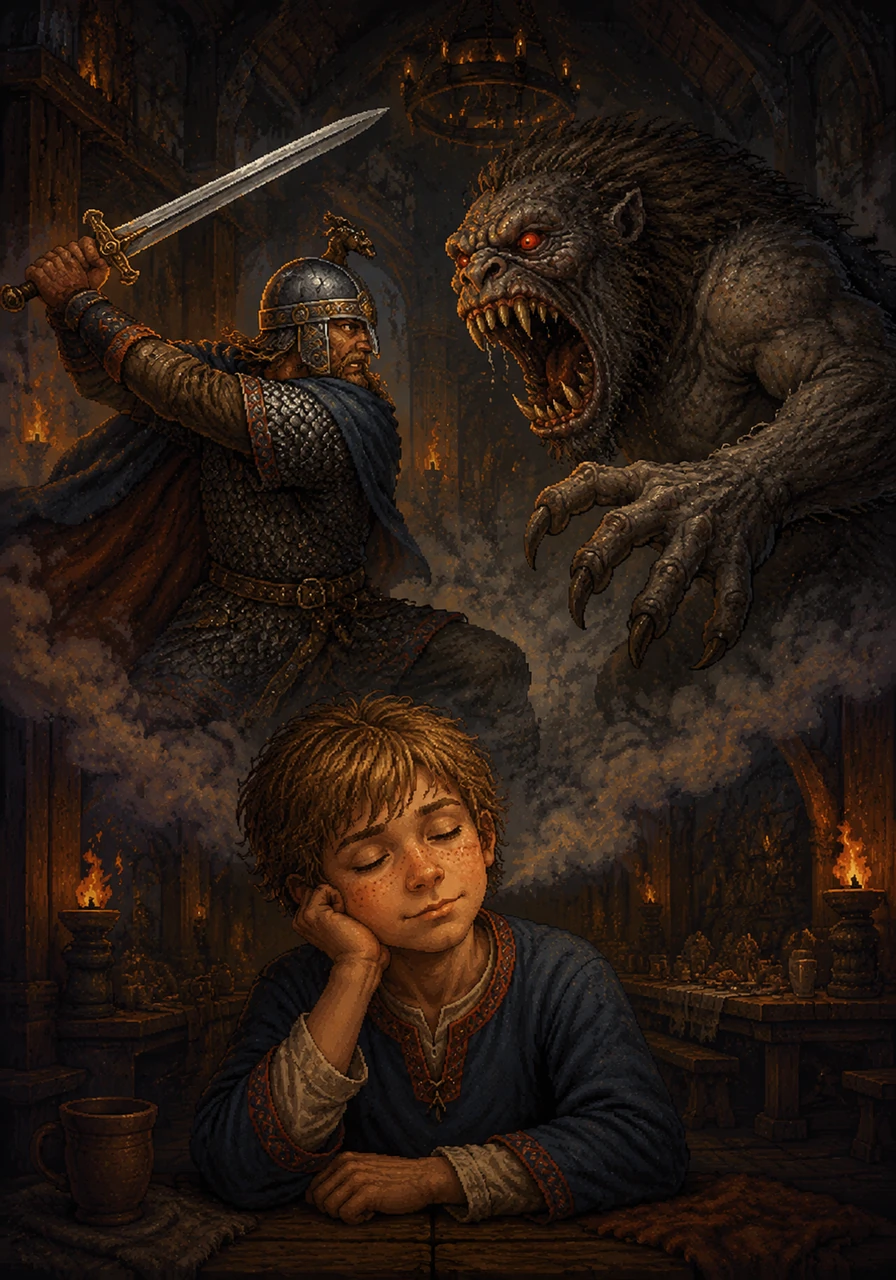 Alrik closes his eyes and lets his imagination soar into an epic vision of the story. In his mind, a fully clad Beowulf in gleaming chainmail and a silver boar-crested helmet swings his mighty sword against the terrifying, massive monster Grendel, whose long, jagged teeth and glowing red eyes pierce the darkness of the grand mead hall.