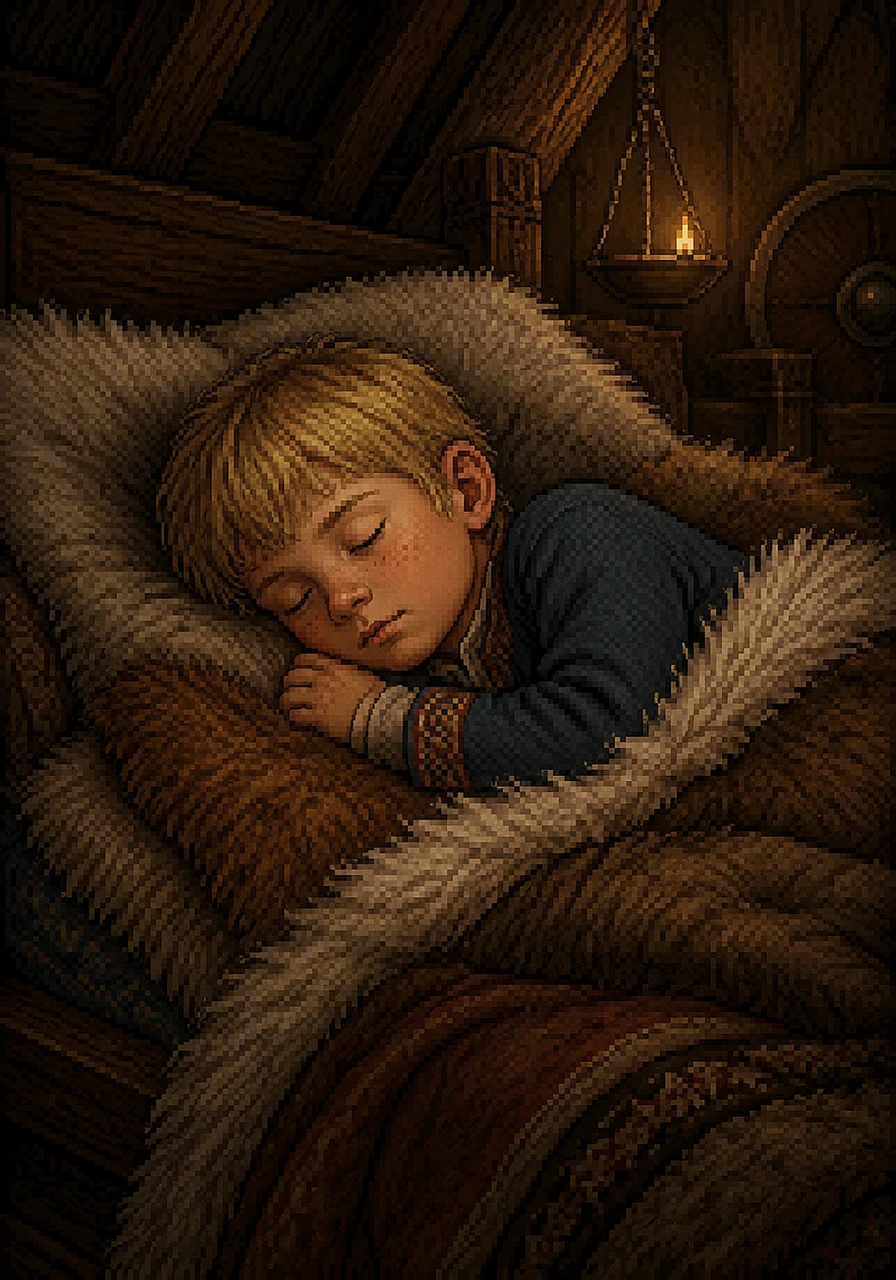 With the echoes of the glorious battle fading in his mind, Alrik tucks himself tightly into his cozy bed of furs. He falls fast asleep under the protective wooden rafters of the longhouse, dreaming of heroes, monsters, and his own future adventures.