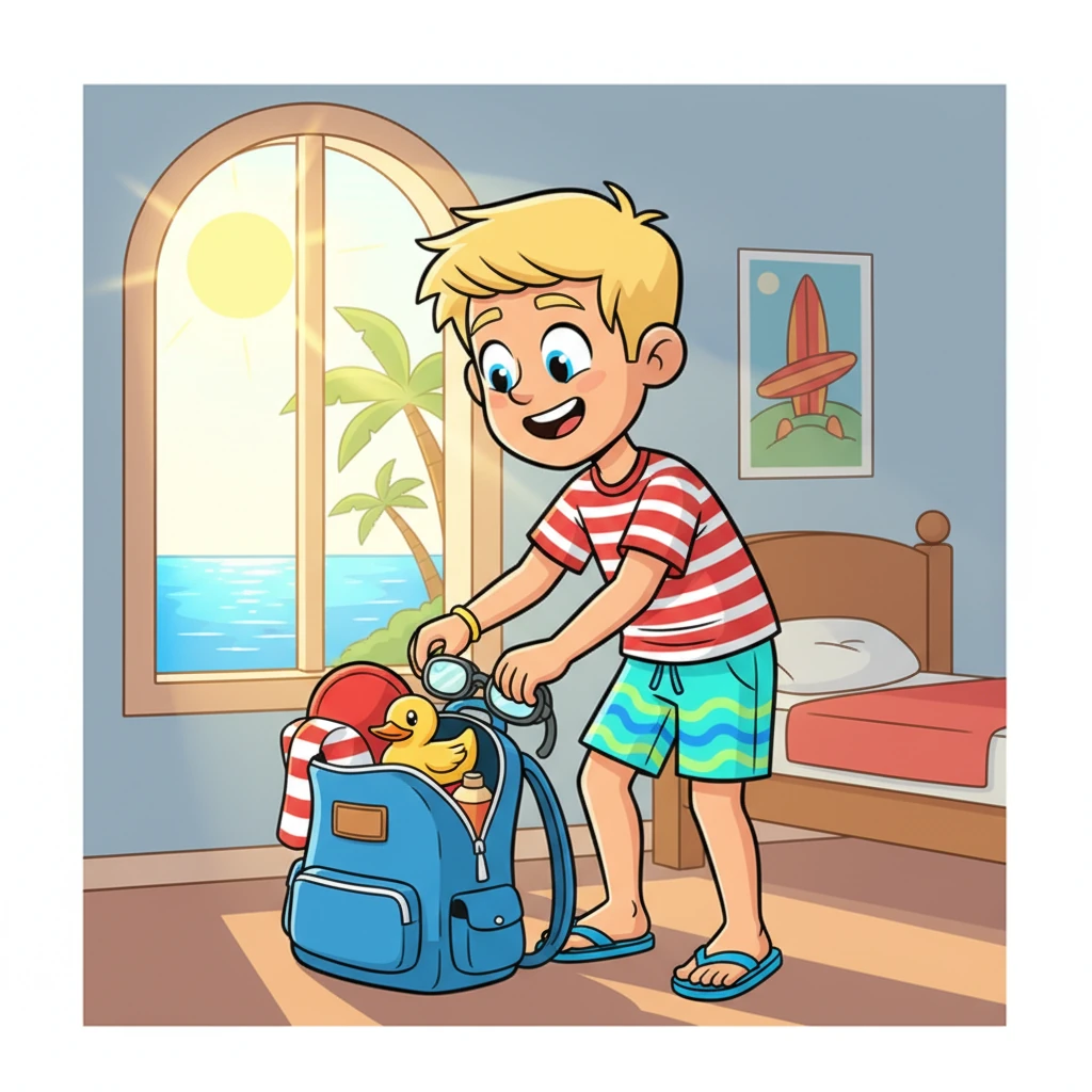 Max, a handsome blond teenager, hums a happy tune as he packs his bag, eyes sparkling with excitement. He's already in his bright swim trunks, ready for a perfect day. The sun shines brightly through his window, calling him to the shore.
