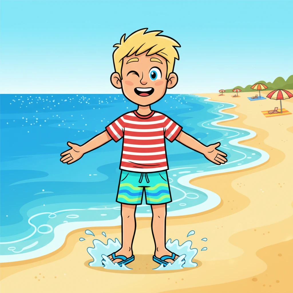 He arrives at a magnificent beach, where golden sand meets the sparkling blue ocean. Colorful umbrellas dot the distant shore, and playful waves gently lap at his feet. Max grins, feeling the warm breeze and the promise of fun.