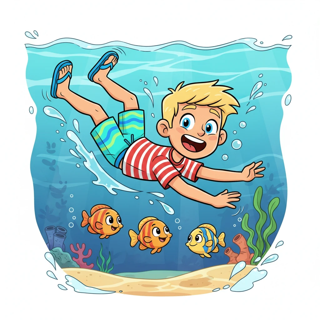 Splashing into the refreshing water, Max swims with joyful abandon, doing a happy little flip. He feels completely at ease, the cool waves invigorating him. Tiny, friendly fish dart around his legs, adding to the cheerful scene.
