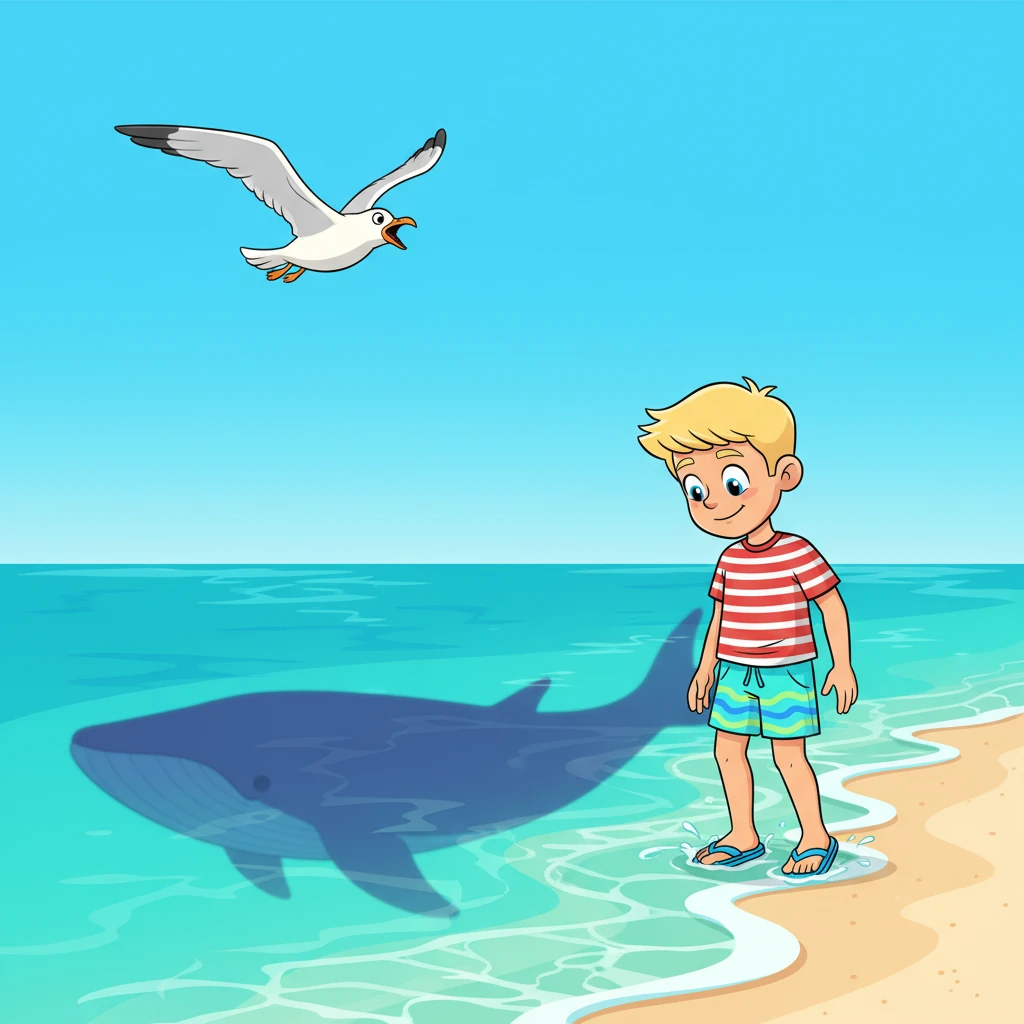 Unbeknownst to Max, a colossal shadow glides silently beneath the shimmering surface of the water. It grows larger and larger, its immense form just barely visible through the clear ocean. A lone seagull squawks loudly overhead, flying swiftly away.
