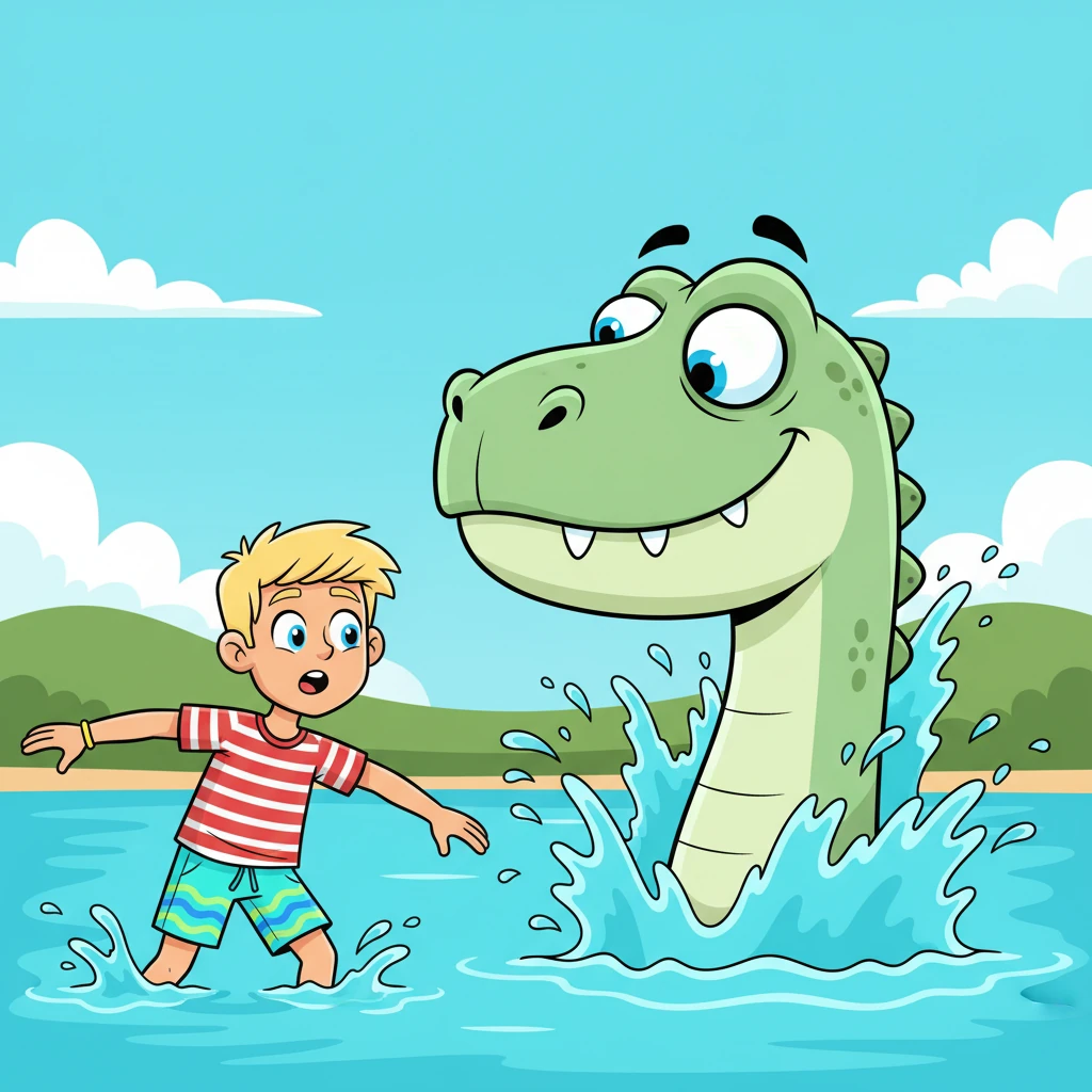 Suddenly, with a mighty burst of water, a gigantic, goofy-looking dinosaur head emerges from the depths! Its cartoonishly wide eyes gleam with playful hunger, and a silly grin stretches across its enormous snout. Max, mid-stroke, freezes in surprise.