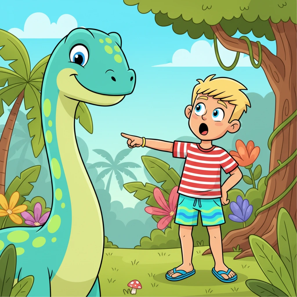 Max's eyes pop wide open, and he points a trembling finger at the enormous, friendly-looking creature. His mouth hangs open in utter astonishment, a mixture of shock and curiosity on his face. The dinosaur winks, its massive head tilting curiously.
