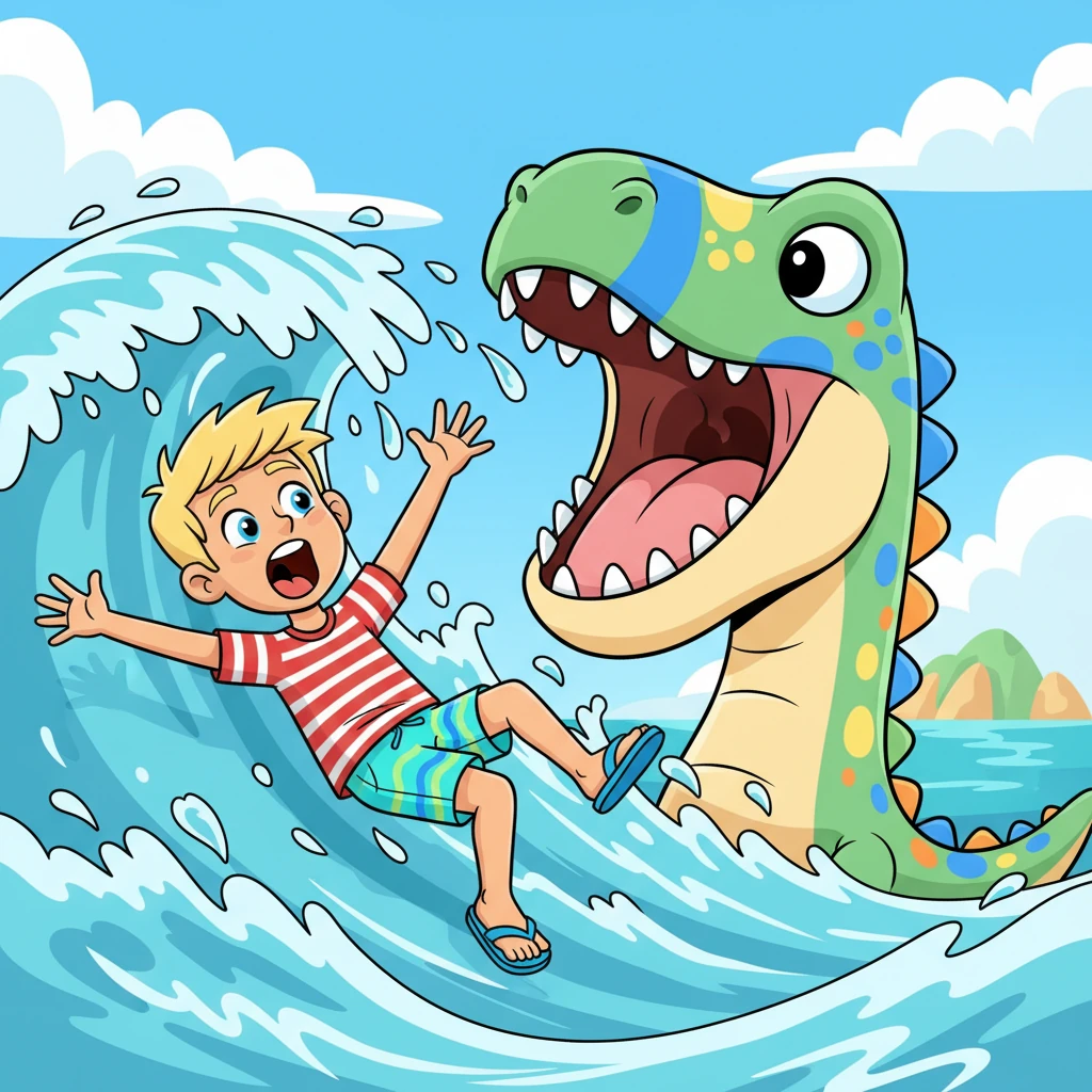 With surprising speed, the dinosaur opens its cavernous mouth wide, revealing a surprisingly clean and colorful interior. It lunges forward with a playful splash, creating a huge wave that washes over Max. Max lets out a comical yelp.