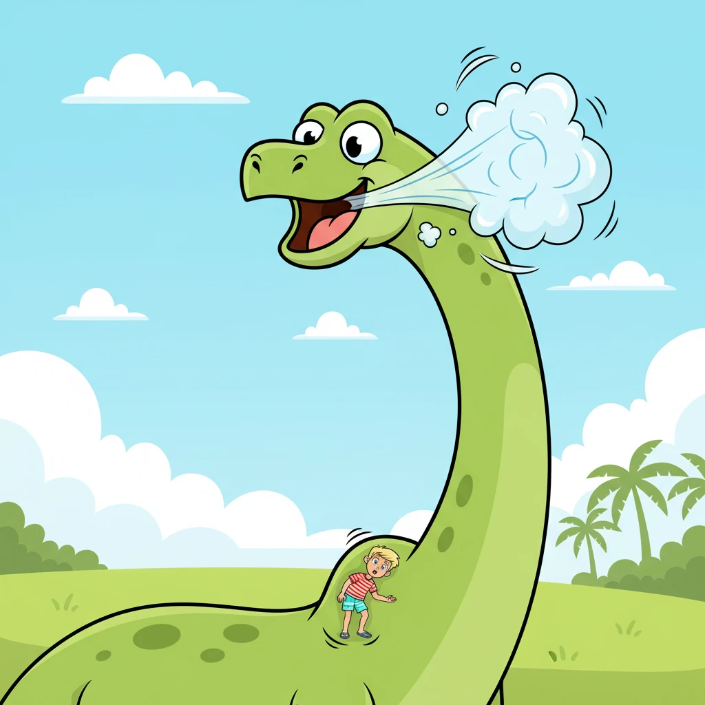 GULP! Max vanishes inside the dinosaur's giant mouth with a cartoonish whoosh, leaving only a small, comical bump sliding down the dinosaur's long neck. The dinosaur lets out a loud, contented burp, a puff of smoke curling from its snout.