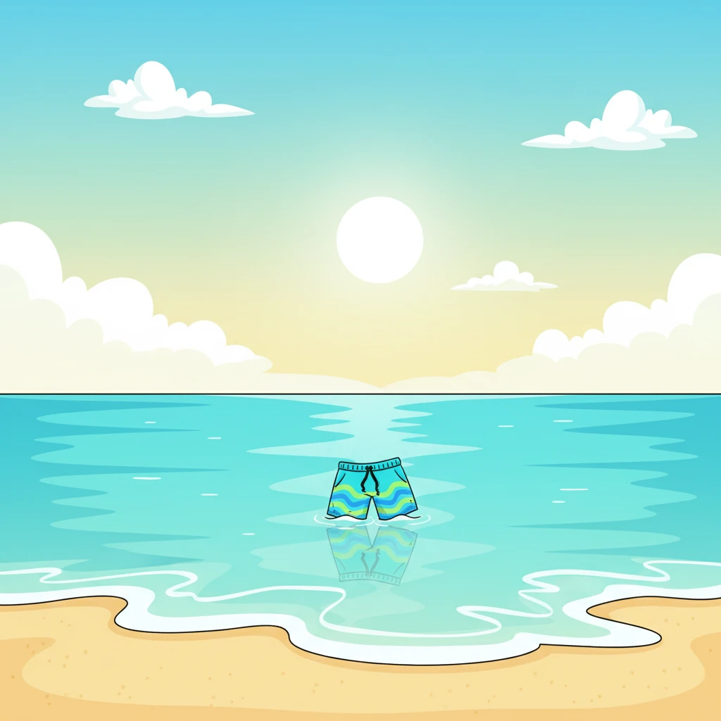 The sun continues to shine brilliantly on the now empty beach, the waves gently rolling onto the shore. Max's bright blue swim trunks float peacefully on the calm ocean surface, a whimsical reminder of his most extraordinary (and perhaps slightly inconvenient) beach day. The dinosaur is nowhere to be seen, having disappeared back into the deep blue.