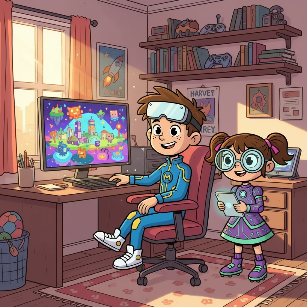 Era uma tarde ensolarada, e Miguel e Manu, melhores amigos, estavam em seus quartos. A tela do computador brilhava, mostrando um jogo vibrante, cheio de cores e possibilidades. Eles estavam prontos para mais uma aventura no metaverso.