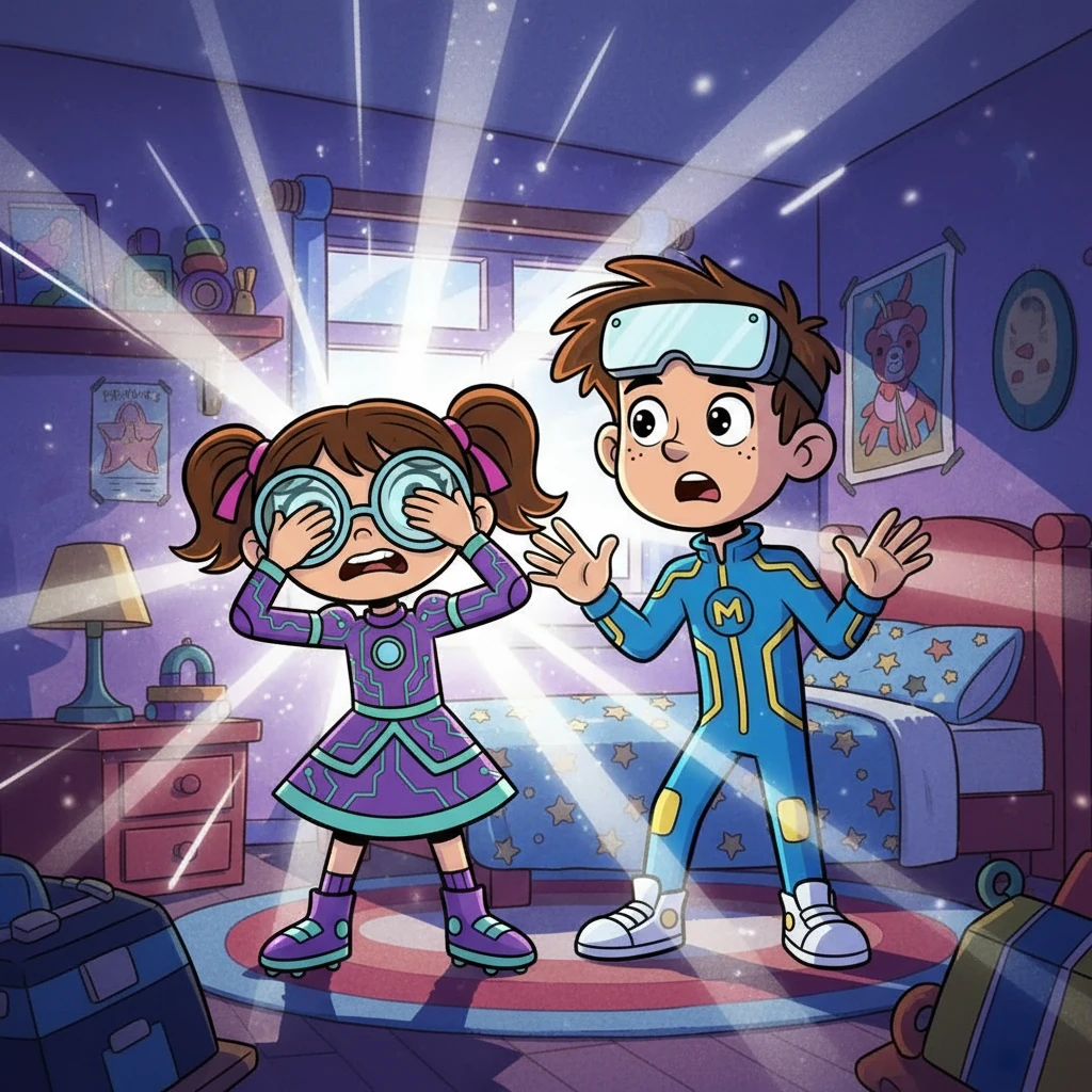 Manu cobriu os olhos, assustada com a luz. Miguel, com uma expressão de espanto, tentou entender o que estava acontecendo. A atmosfera no quarto mudou completamente.