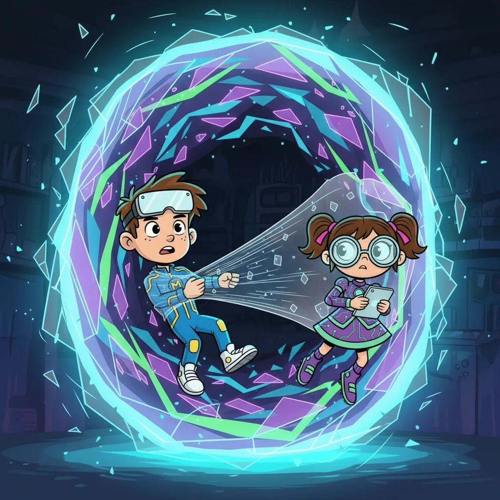 Antes que pudessem reagir, uma força invisível os puxou para dentro do portal. A tela engoliu os dois amigos, levando-os para um lugar desconhecido. A aventura estava apenas começando.