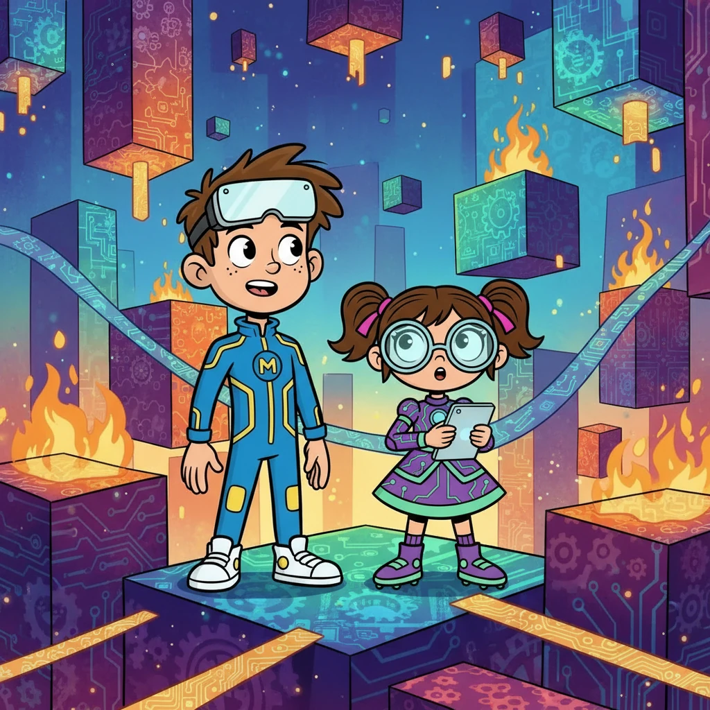Quando a luz se dissipou, Miguel e Manu se viram em um mundo vibrante e desconhecido, feito de blocos e texturas estranhas. O ambiente era completamente diferente do que eles conheciam.