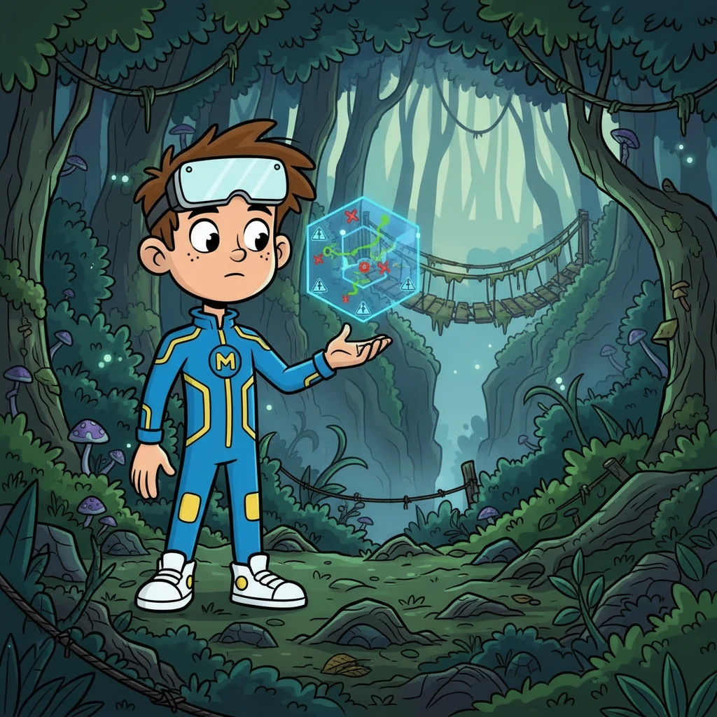 Miguel olhou para o minimapa flutuante, tentando encontrar o caminho certo. A floresta era cheia de perigos, com armadilhas escondidas e pontes instáveis. A jornada seria desafiadora.