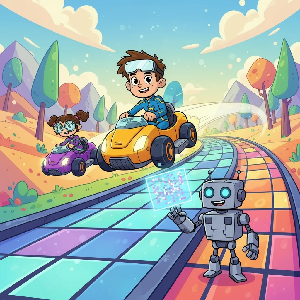 Um robô apareceu, anunciando: “Desafio número dois: vençam a Corrida dos Pixels!”. Cada um recebeu um hovercar, que mudava de cor conforme a velocidade.