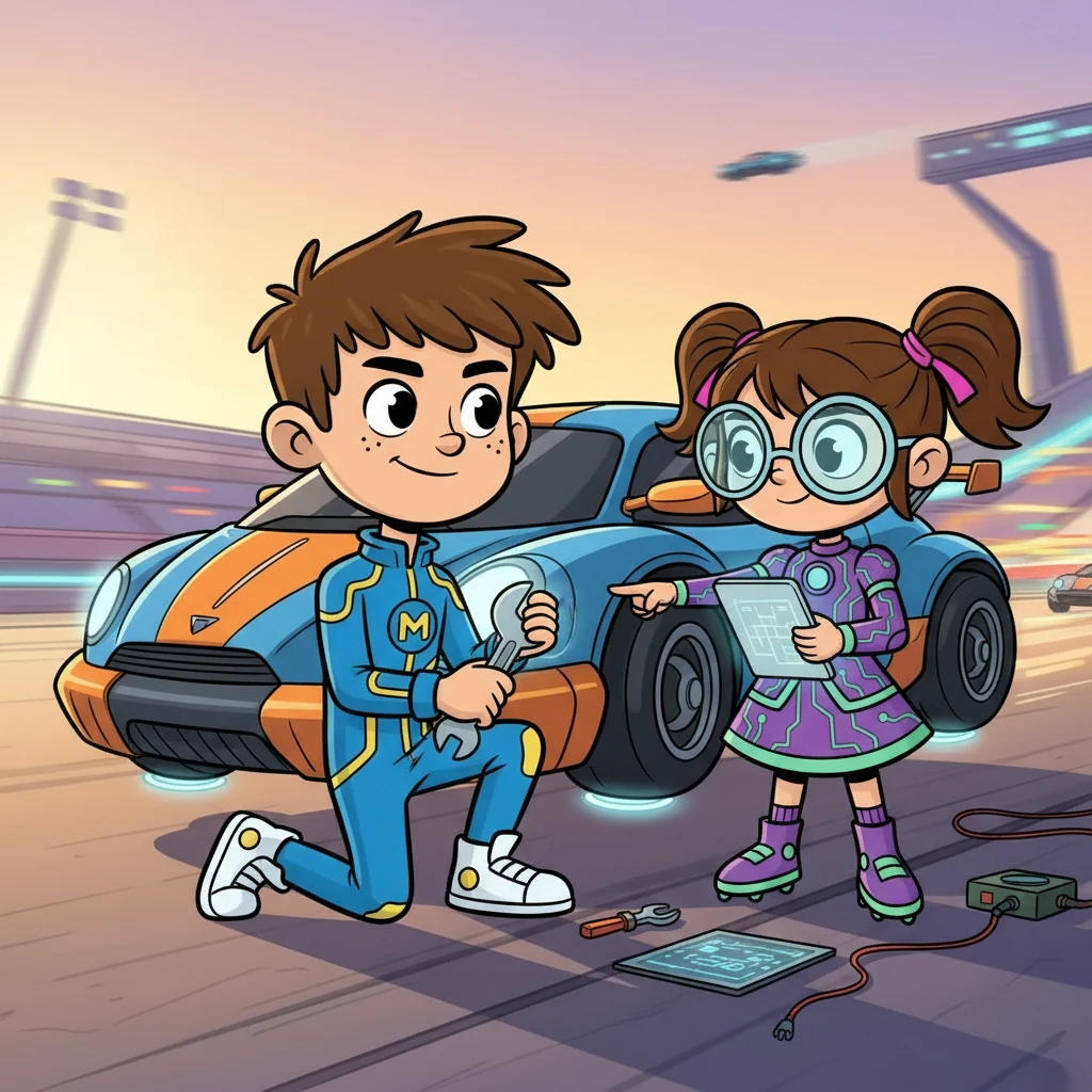 Juntos, eles ajustaram o hovercar de Miguel e voltaram para a corrida. A colaboração e a união eram suas maiores armas.