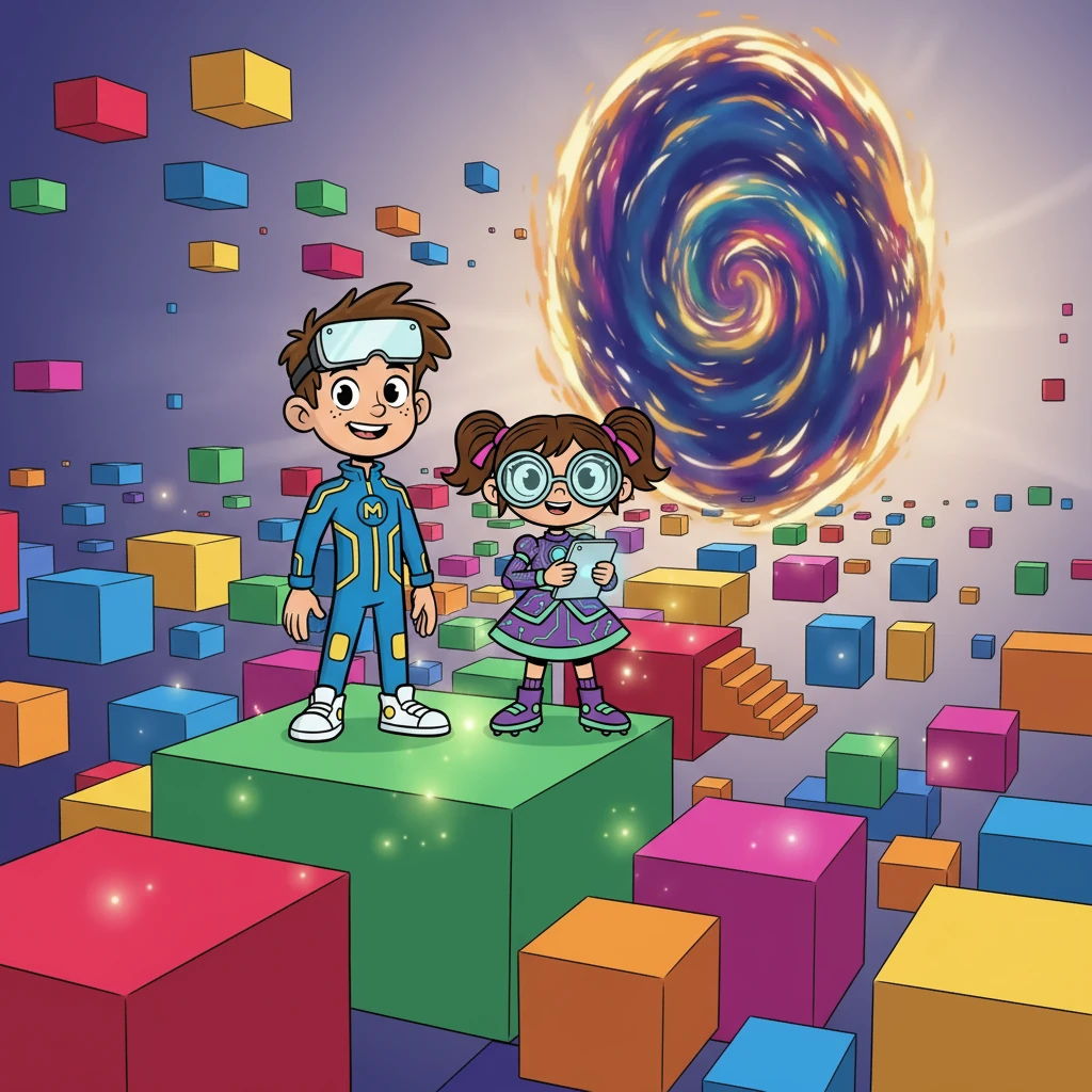 O terceiro portal se abriu, levando-os para um mundo vazio, cheio de blocos coloridos. A última missão os esperava, com um novo desafio.